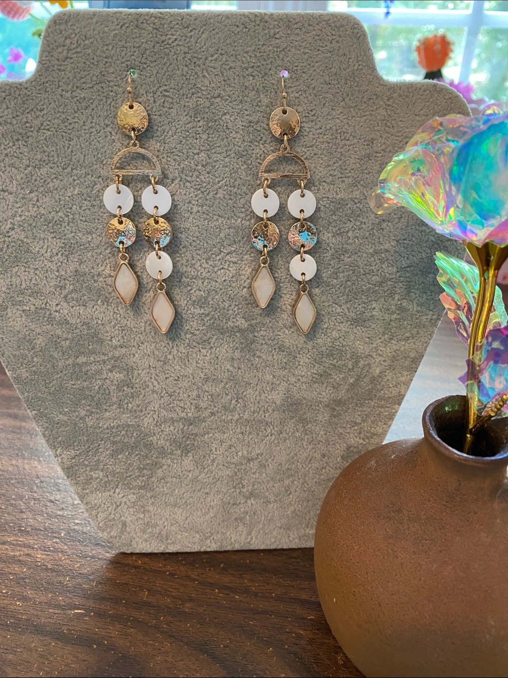 New Gold and White Dangle Earrings — Elegant Women’s Jewelry